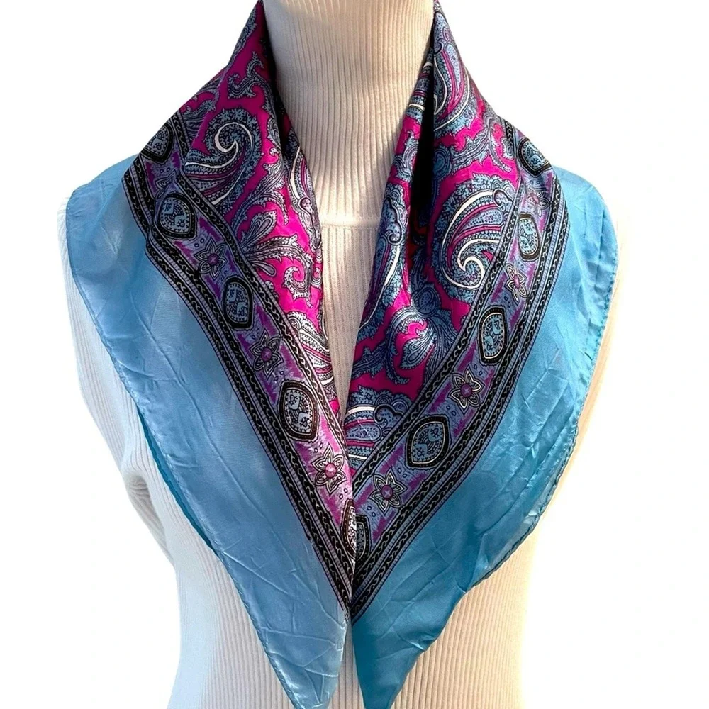 Vintage Paisley Square Scarf Womens Magenta Blue Boho Eclectic Classic Retro
